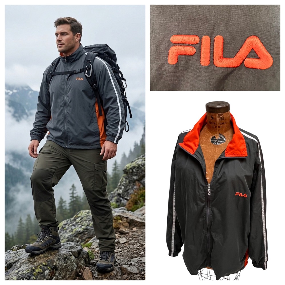 Fila Sport Mens 1XB Windbreaker Jacket Grey Orange Mesh Lined Gorpcore Big Tall - Picture 1 of 17